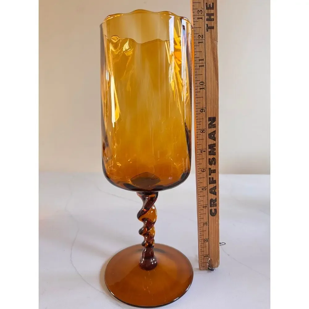 Vtg Empoli Italy Amber Art Glass 13” Oversized Goblet Vase Twisted Stem MCM